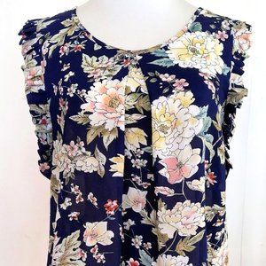 Molly Bracken Navy Blue Floral Print Ruffle Cap Sleeve Blouse